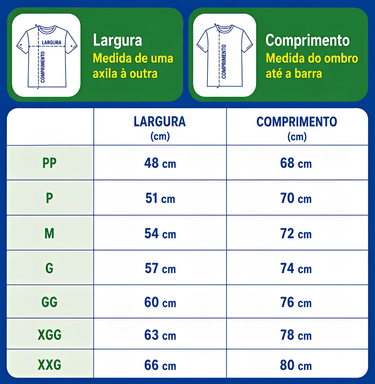Tabela de medidas da camisa